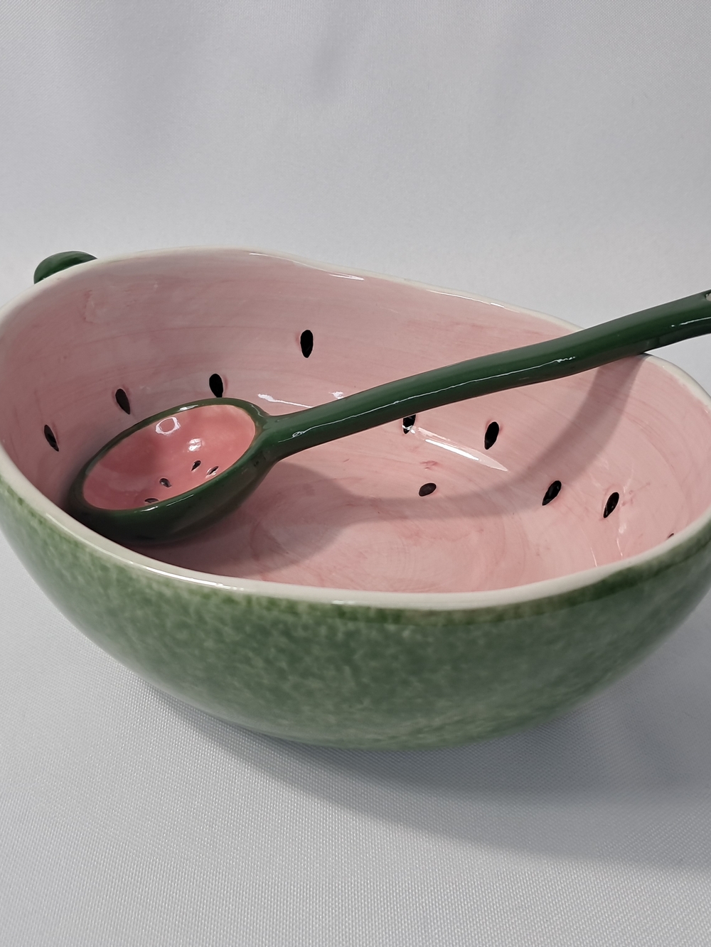 Cute Watermelon Shaped Ceramic Serving Bowl with Spoon Pink & Green Glazed Dish